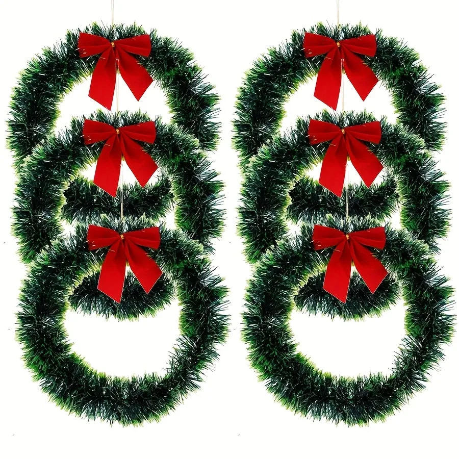 6pcs Christmas Wreaths with Red Bows - Classic PET Holiday Decor for Front Door, Wall & Kitchen - No Power Needed, Featherless Home & Window Accents