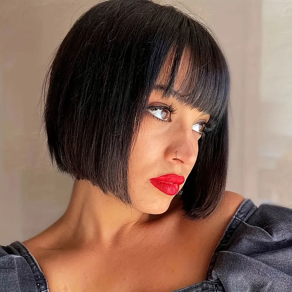 8-14 Inches Brazilian Remy Straight Bob Wig with Bangs - Full Machine Made, Glueless, 180% Density, Non-Lace, Natural Looking, Soft, Breathable, and Versatile Wig for Women