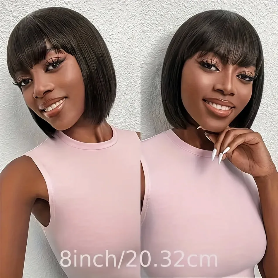 8-14 Inches Brazilian Remy Straight Bob Wig with Bangs - Full Machine Made, Glueless, 180% Density, Non-Lace, Natural Looking, Soft, Breathable, and Versatile Wig for Women