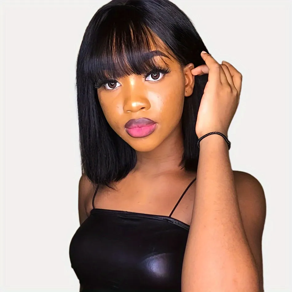 8-14 Inches Brazilian Remy Straight Bob Wig with Bangs - Full Machine Made, Glueless, 180% Density, Non-Lace, Natural Looking, Soft, Breathable, and Versatile Wig for Women