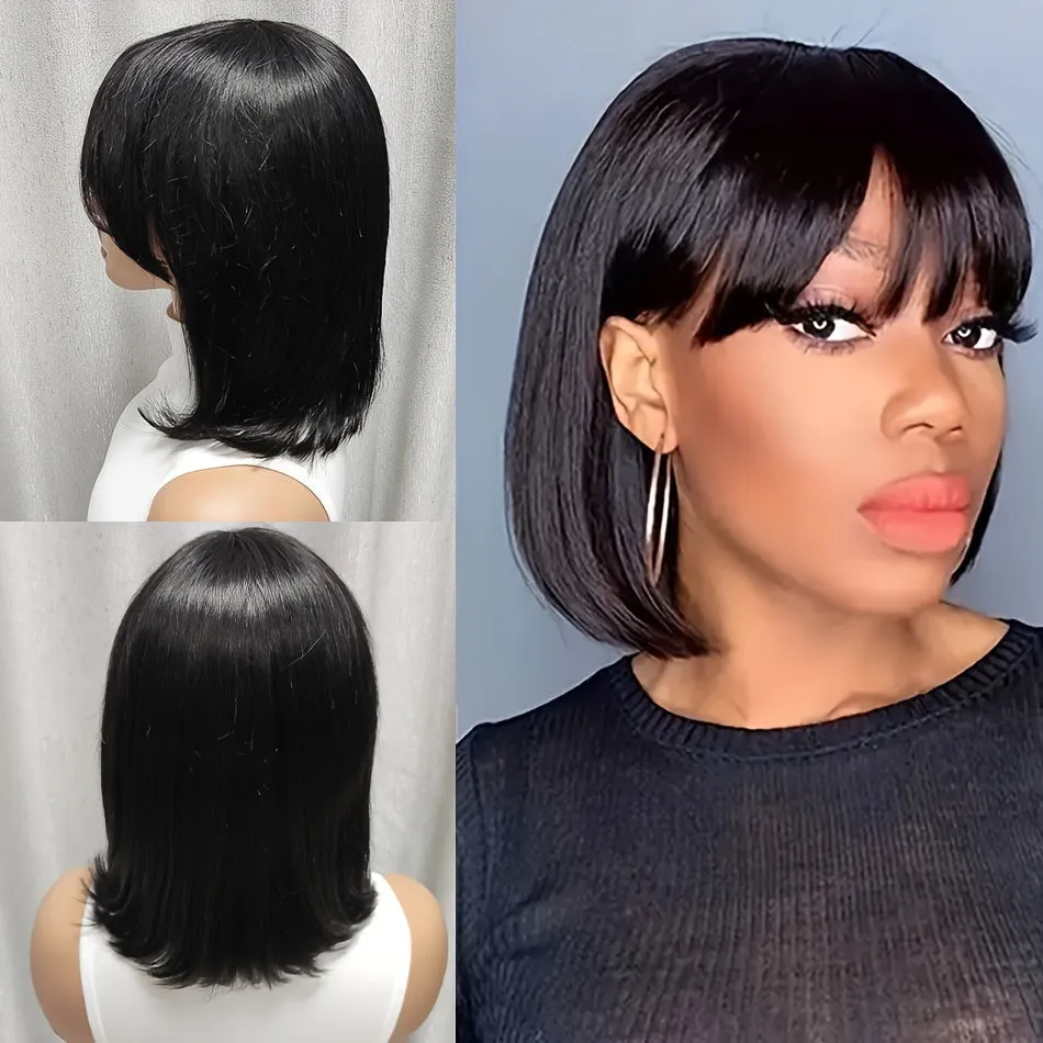 8-14 Inches Brazilian Remy Straight Bob Wig with Bangs - Full Machine Made, Glueless, 180% Density, Non-Lace, Natural Looking, Soft, Breathable, and Versatile Wig for Women