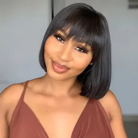 8-14 Inches Brazilian Remy Straight Bob Wig with Bangs - Full Machine Made, Glueless, 180% Density, Non-Lace, Natural Looking, Soft, Breathable, and Versatile Wig for Women