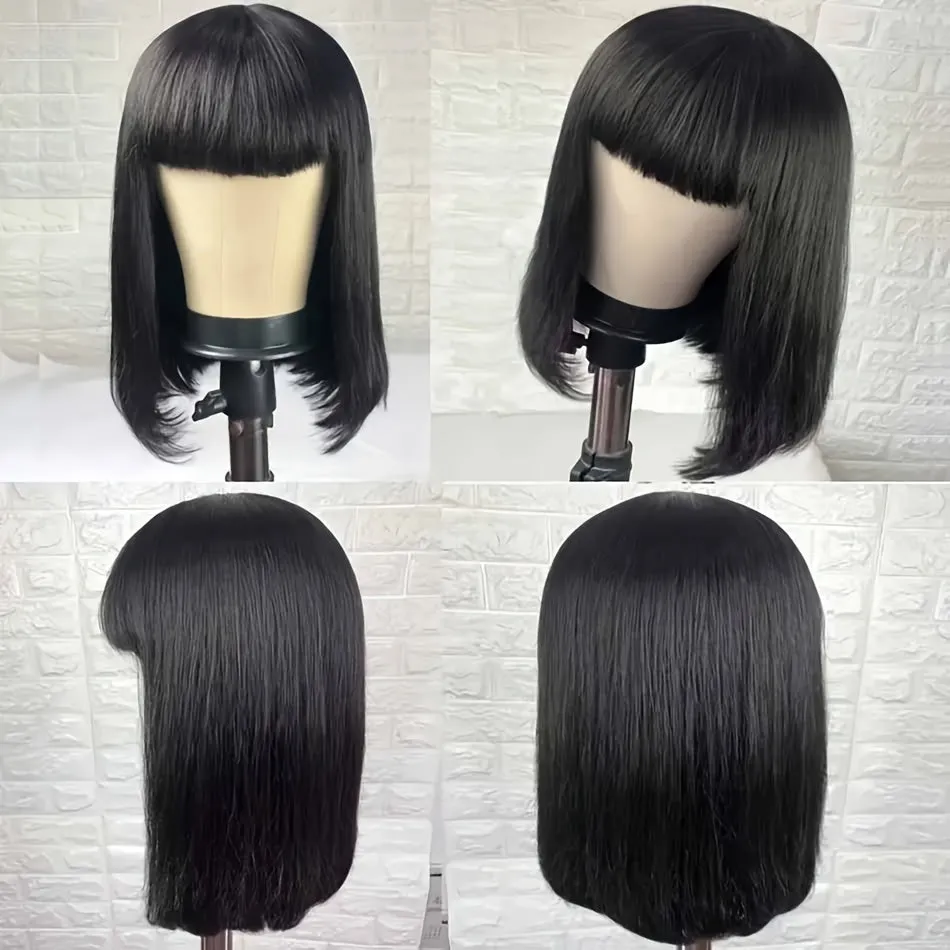 8-14 Inches Brazilian Remy Straight Bob Wig with Bangs - Full Machine Made, Glueless, 180% Density, Non-Lace, Natural Looking, Soft, Breathable, and Versatile Wig for Women
