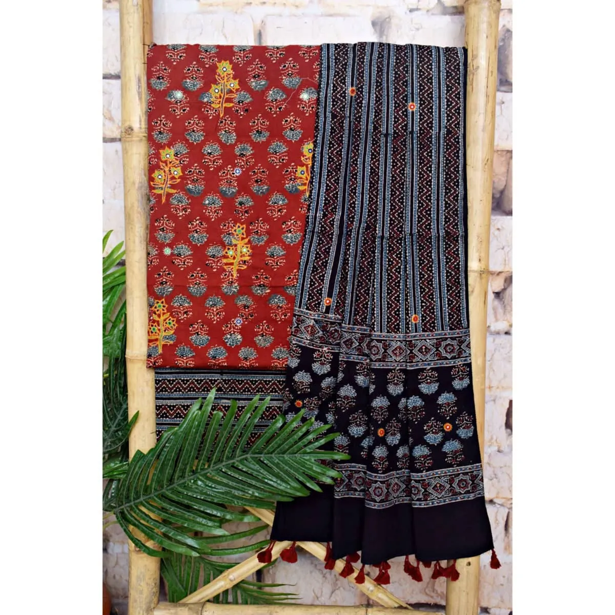 Ajrakh Cotton Suit With Kutch Embroidery