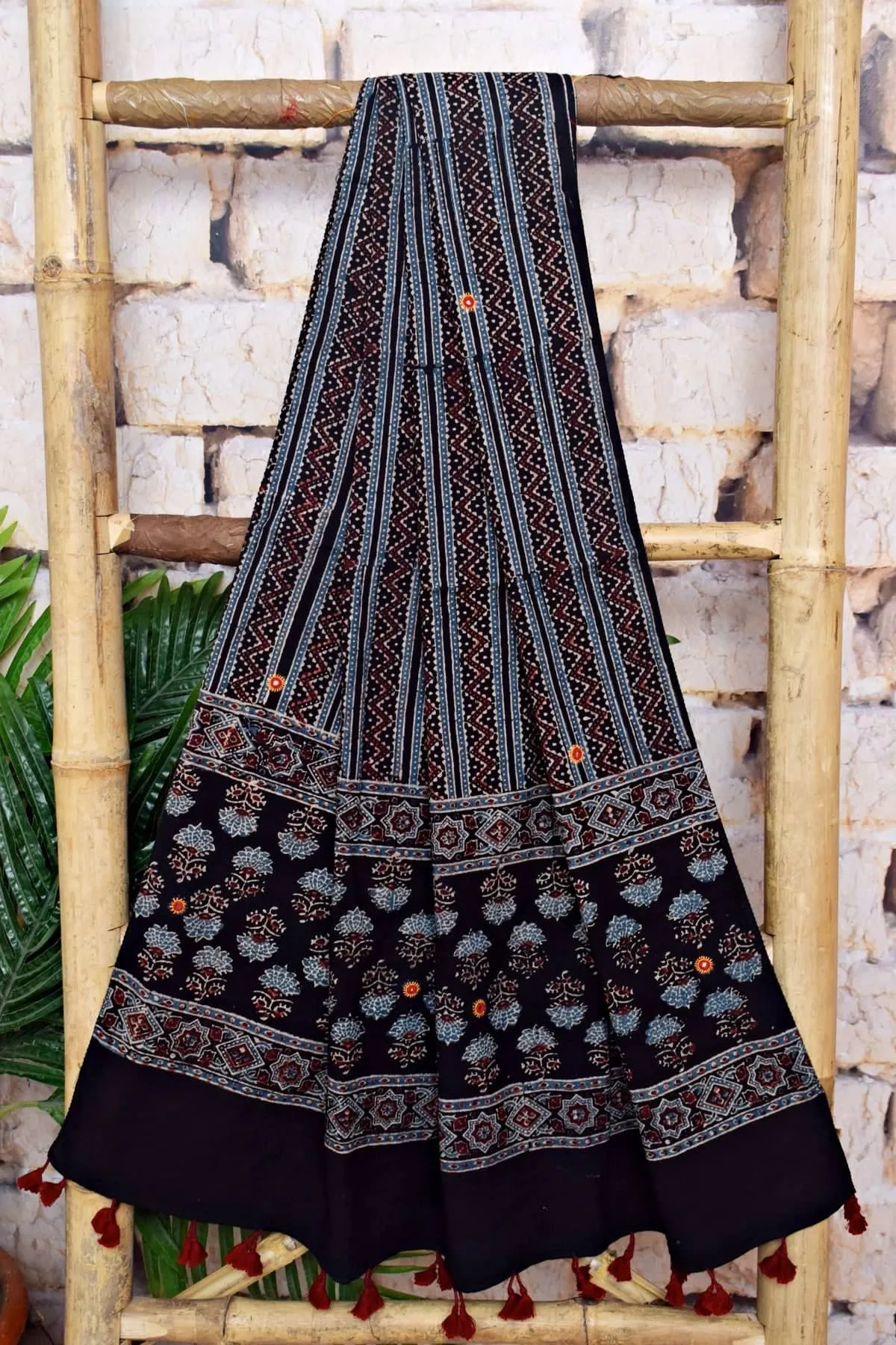Ajrakh Cotton Suit With Kutch Embroidery