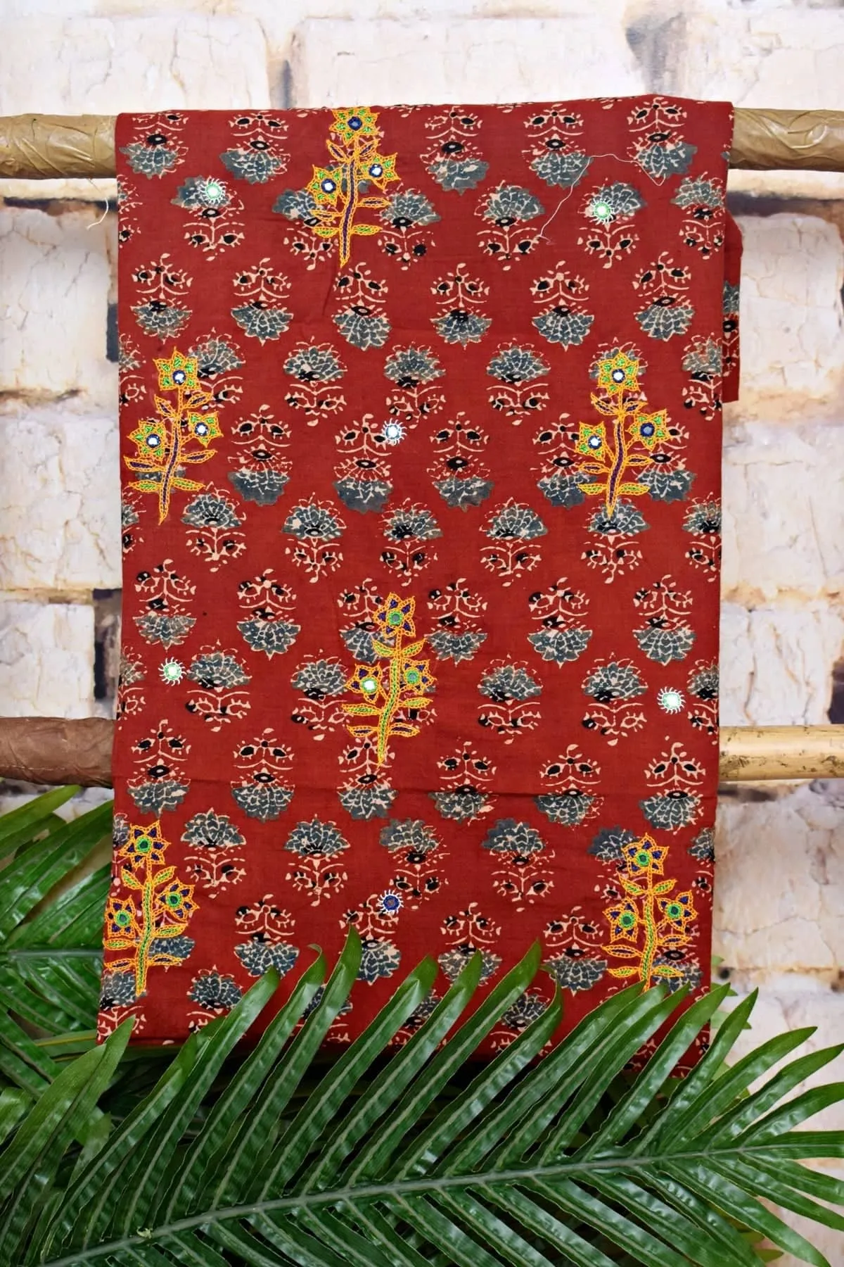 Ajrakh Cotton Suit With Kutch Embroidery
