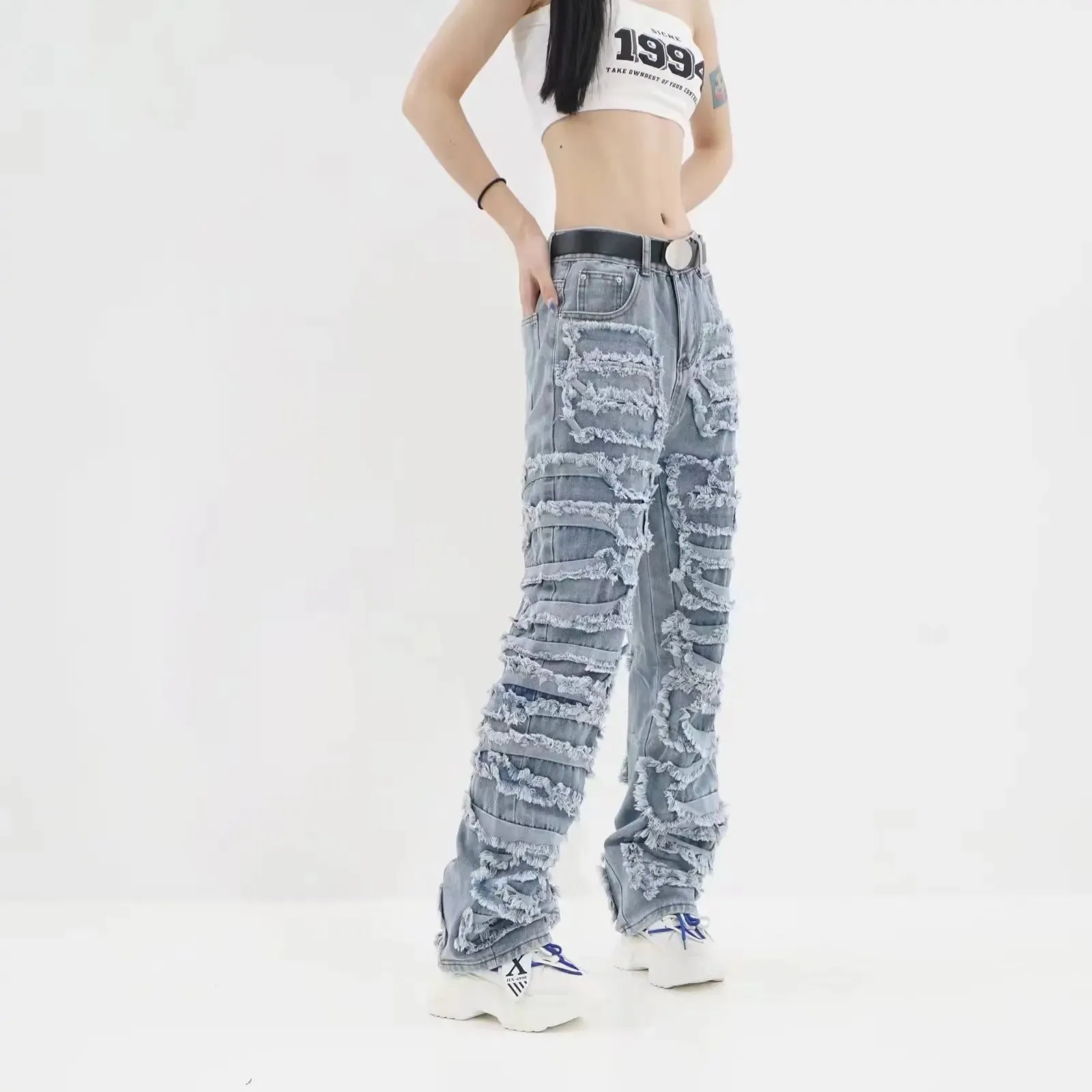Amy Fashion - 2024 Streetwear Stacked Clothing Y2K Baggy Ripped Hip Hop Straight Vintage Denim Jean