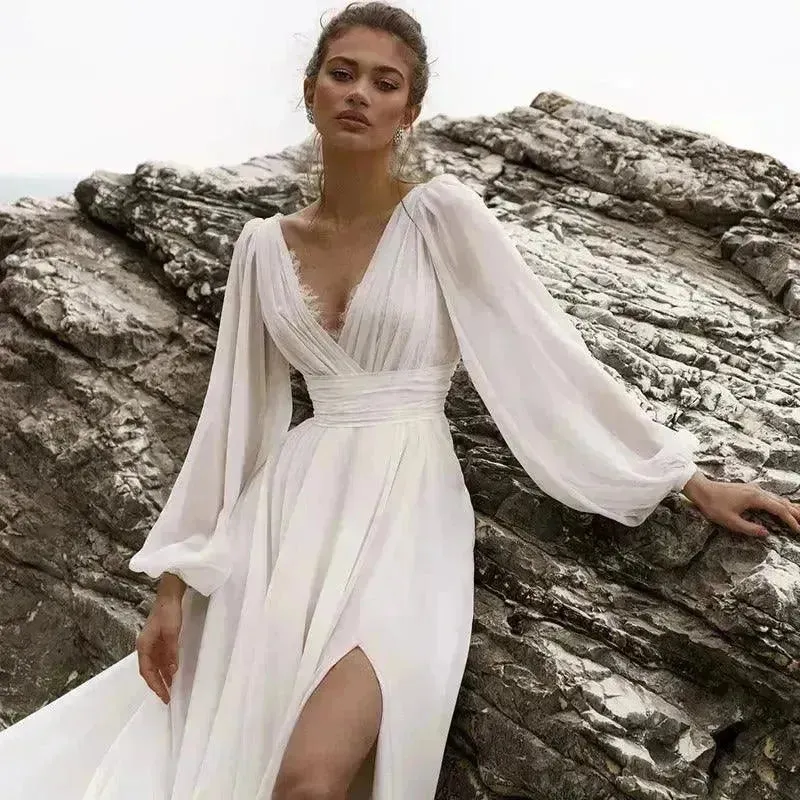 Beach Boho Wedding Dress Puff Sleeve V Neck Bridal Gown
