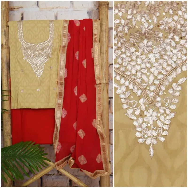 Beige Gota Patti Cotton Unstitched Suit