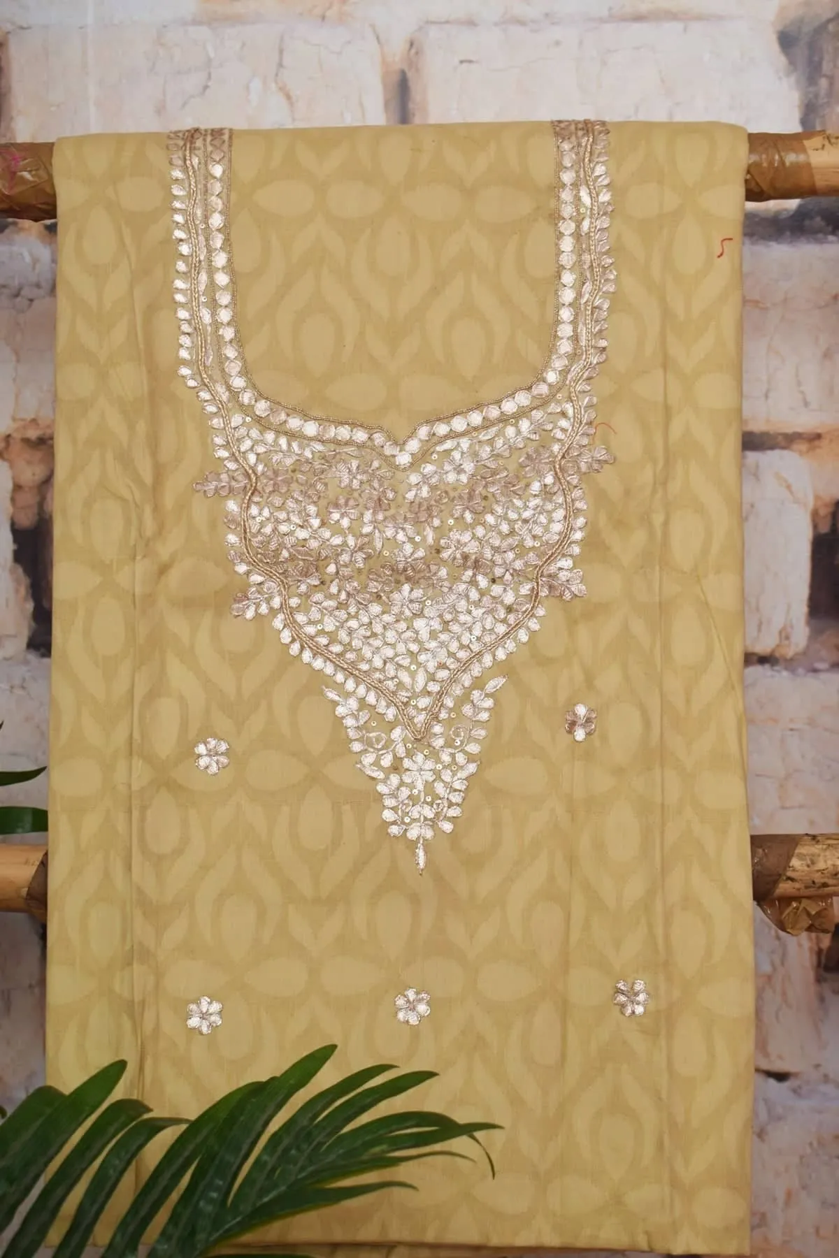 Beige Gota Patti Cotton Unstitched Suit