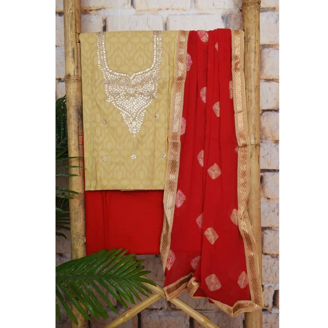 Beige Gota Patti Cotton Unstitched Suit