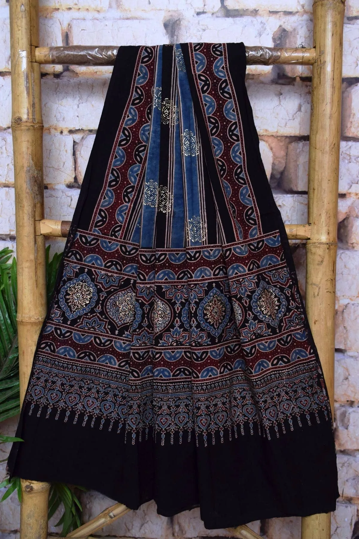 Black Ajrakh Block Print Cotton Suit with Gold Block