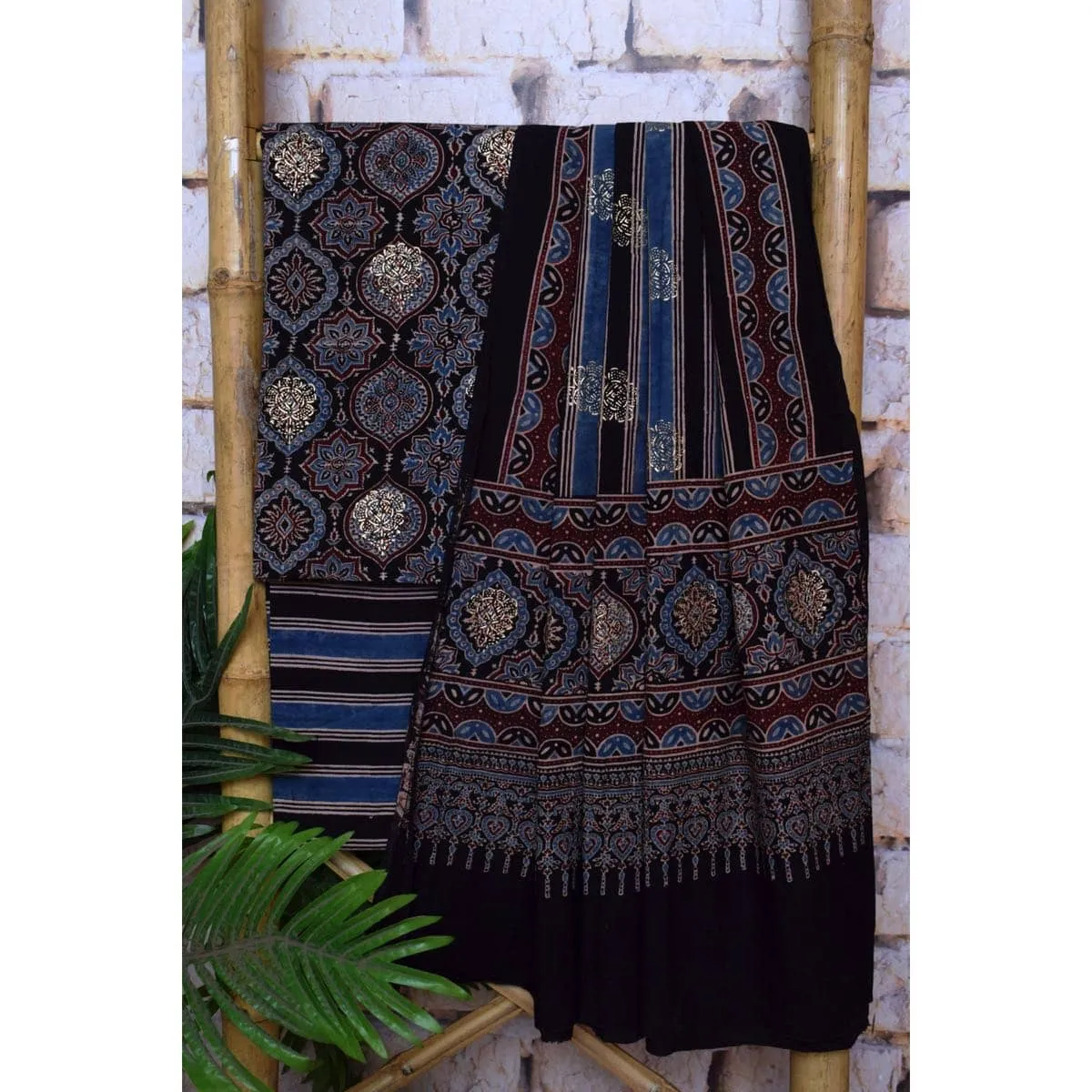 Black Ajrakh Block Print Cotton Suit with Gold Block