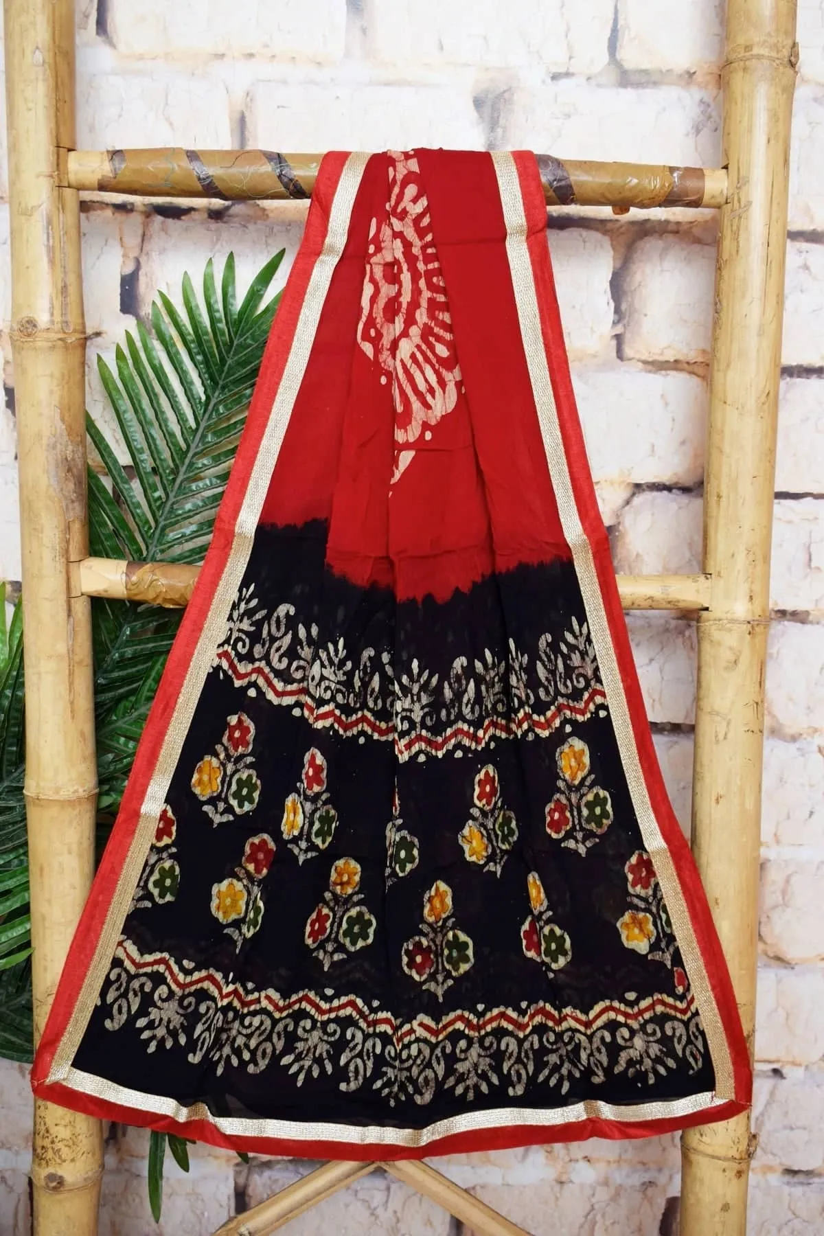 Black Batik Cotton Suit with Chiffon Dupatta