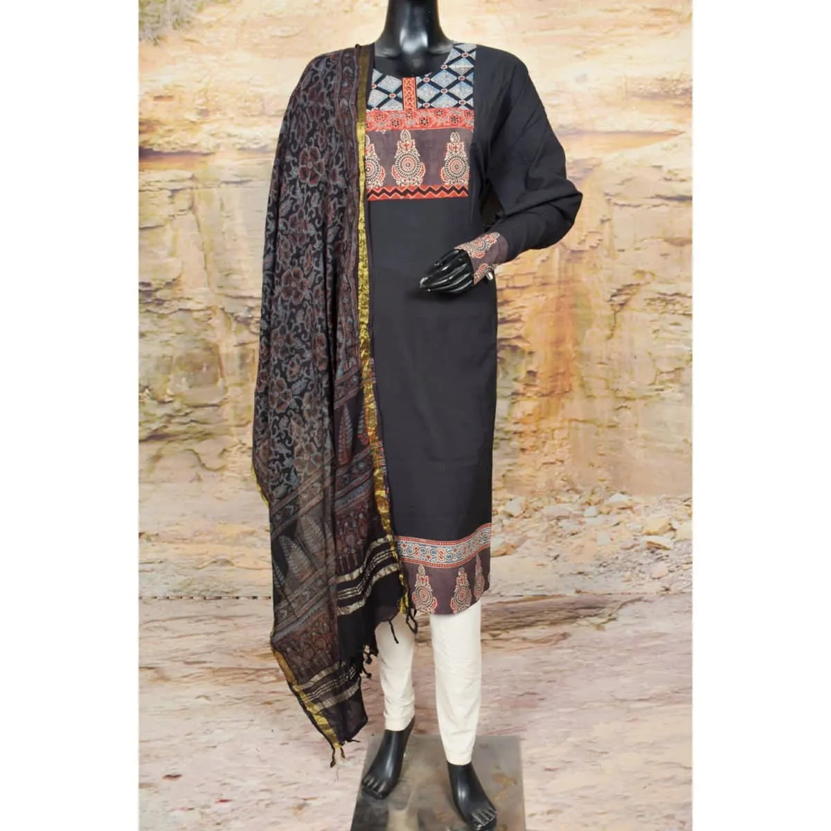 Black Patchwork Ajrakh Cotton Suit
