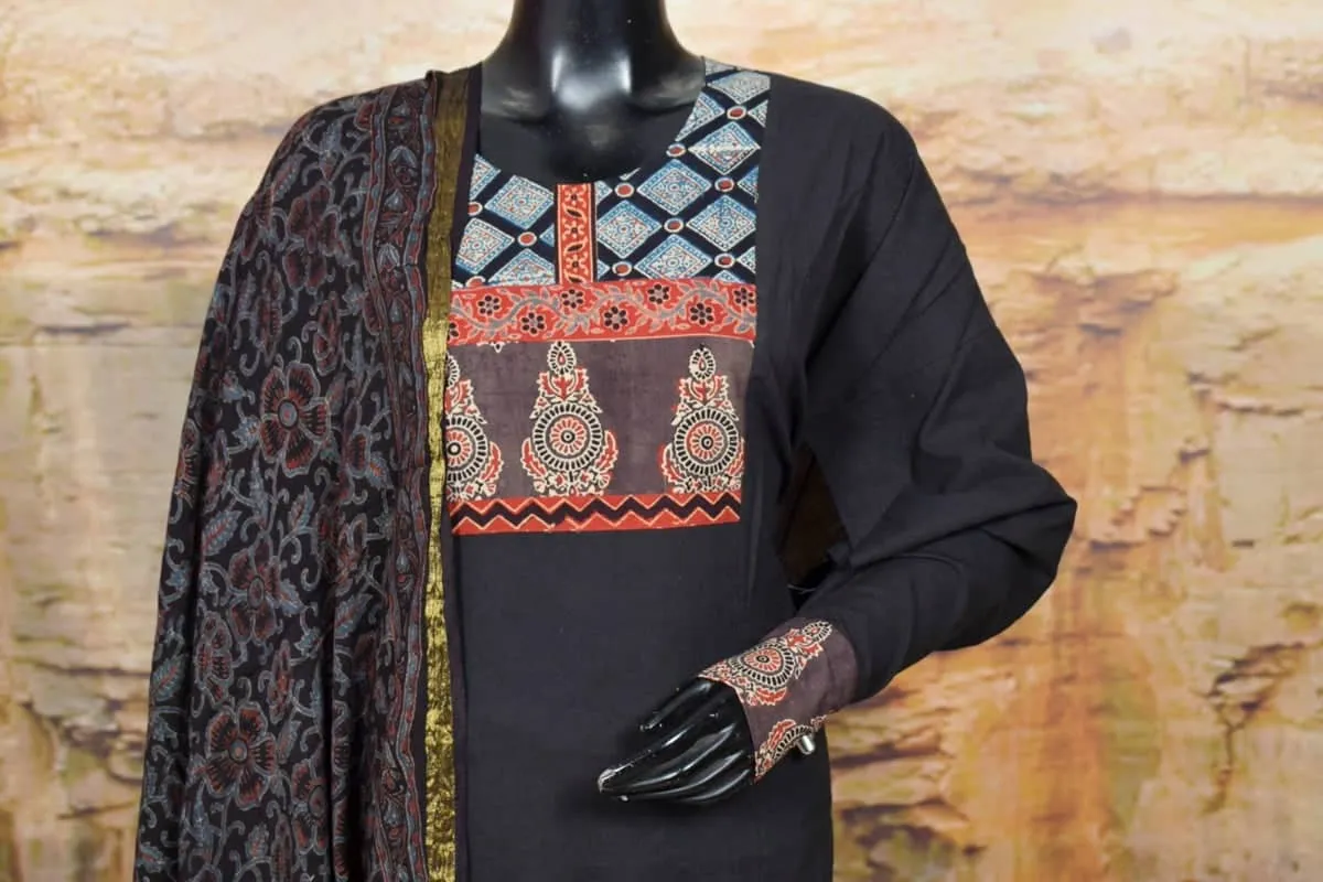 Black Patchwork Ajrakh Cotton Suit