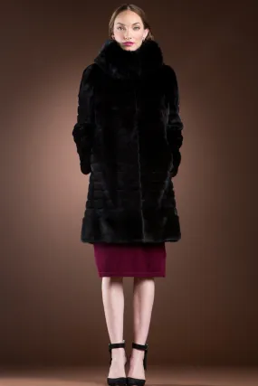 Black Sheared Horizontal & Long Haired Mink Mid-Length Fur Coat - Detachable Fox Collar