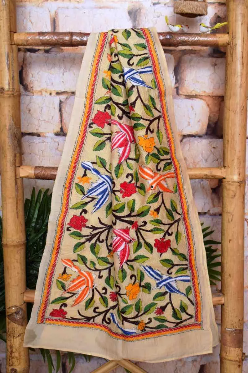 Blue Embroidered Cotton Set with Kantha Silk Stole