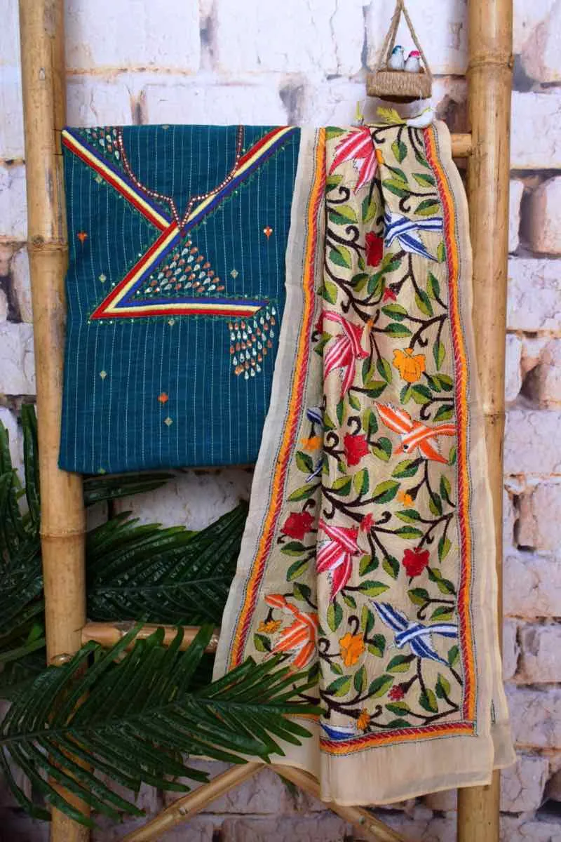 Blue Embroidered Cotton Set with Kantha Silk Stole