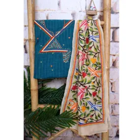 Blue Embroidered Cotton Set with Kantha Silk Stole