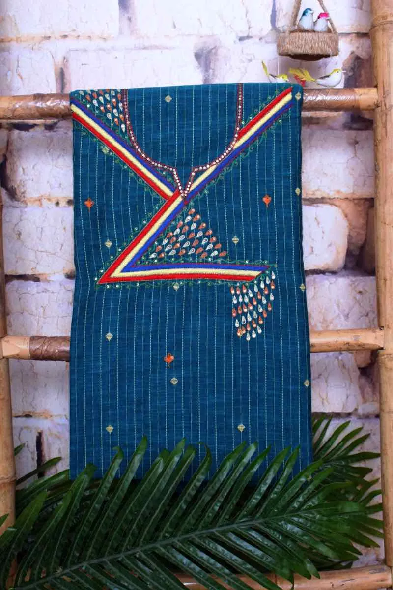 Blue Embroidered Cotton Set with Kantha Silk Stole
