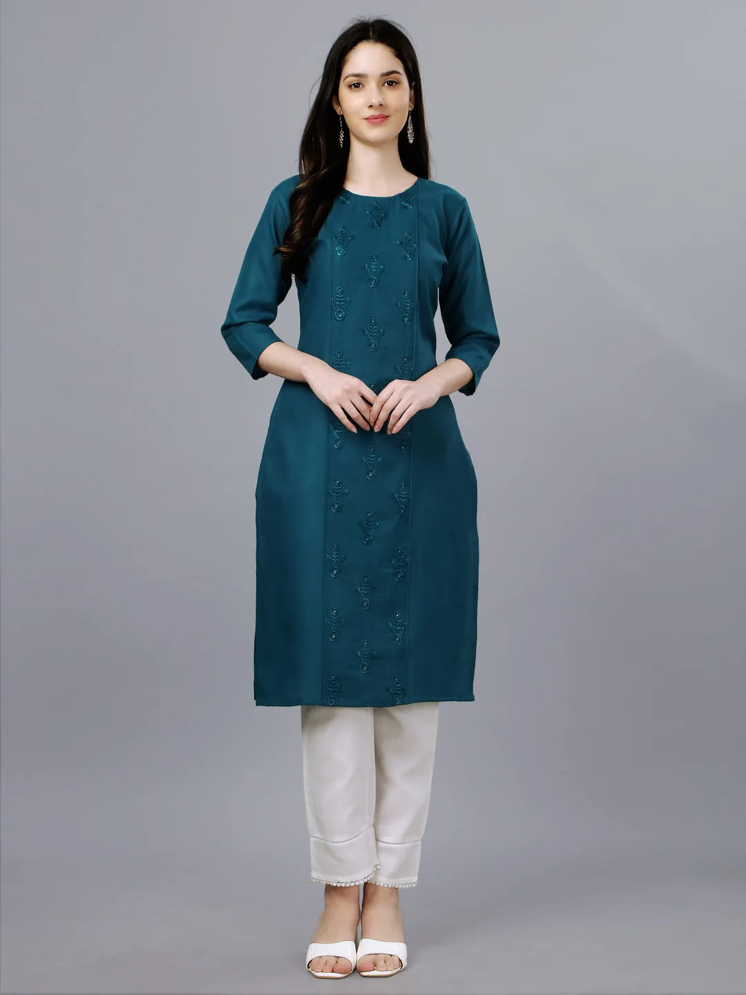 Blue Heavy Cotton Magic Slub With Casual Embroidery Kurti
