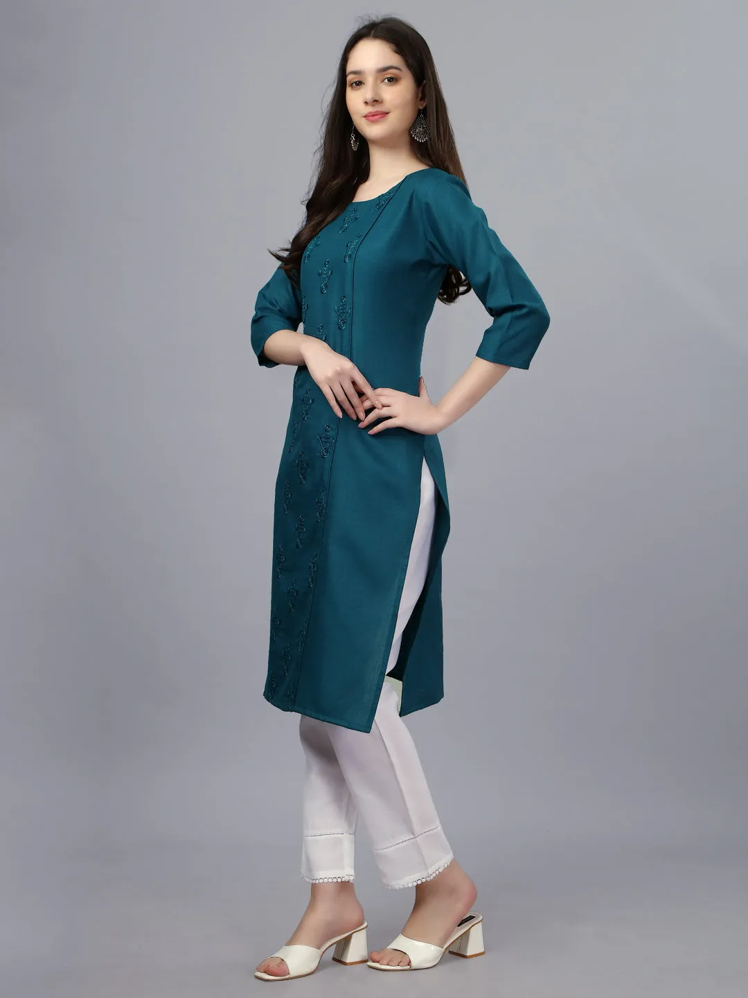 Blue Heavy Cotton Magic Slub With Casual Embroidery Kurti