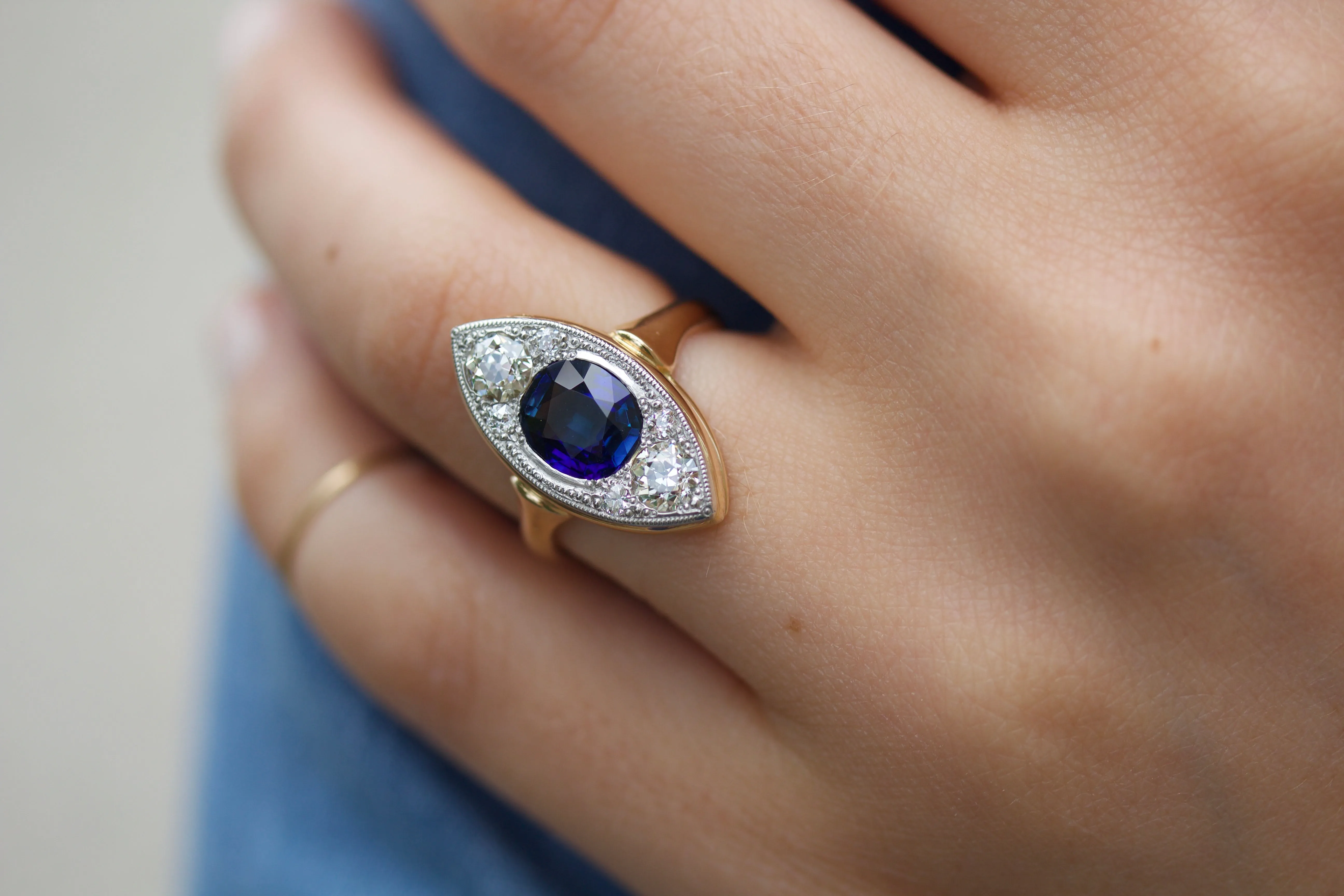 Blue Sapphire & European Cut Diamond Navette Style Ring