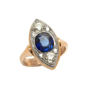Blue Sapphire & European Cut Diamond Navette Style Ring
