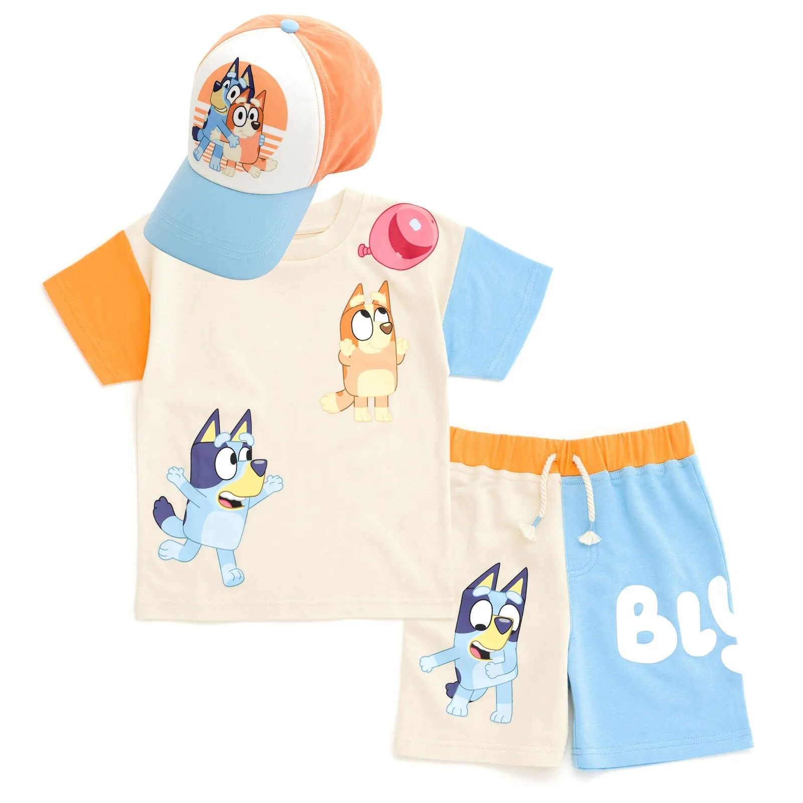 Bluey Drop Shoulder T-Shirt French Terry Shorts and Adjustable Snapback Baseball Cap 3 Piece Outfit Set
