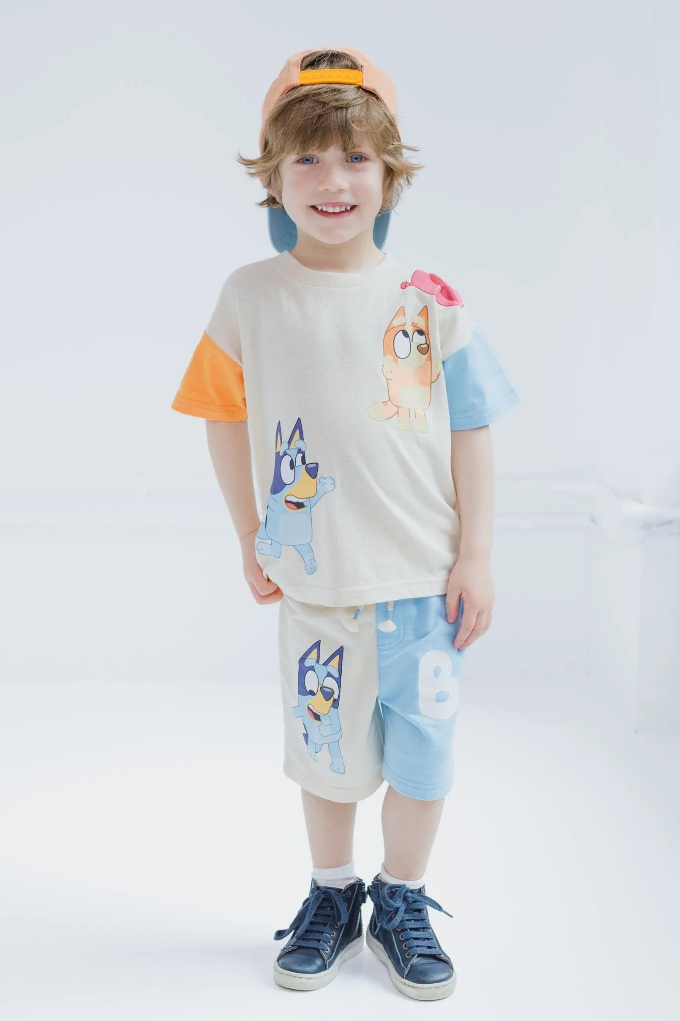 Bluey Drop Shoulder T-Shirt French Terry Shorts and Adjustable Snapback Baseball Cap 3 Piece Outfit Set