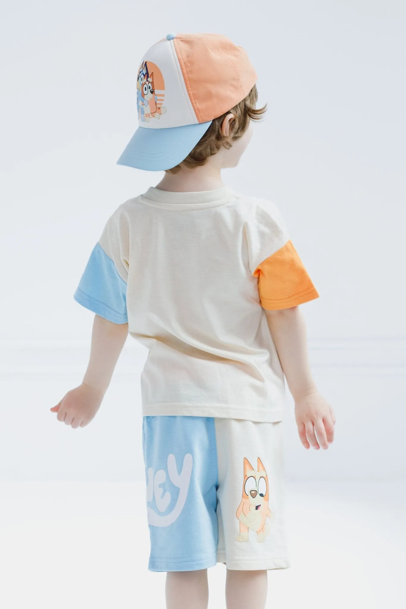 Bluey Drop Shoulder T-Shirt French Terry Shorts and Adjustable Snapback Baseball Cap 3 Piece Outfit Set