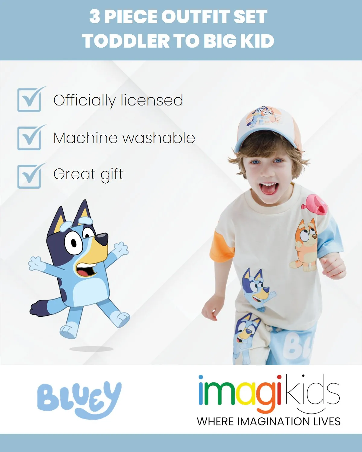 Bluey Drop Shoulder T-Shirt French Terry Shorts and Adjustable Snapback Baseball Cap 3 Piece Outfit Set