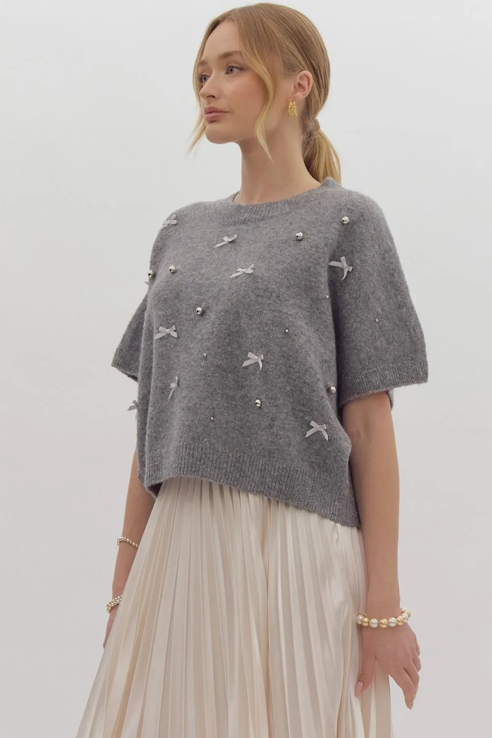 Bows & Pearl Sweater Top
