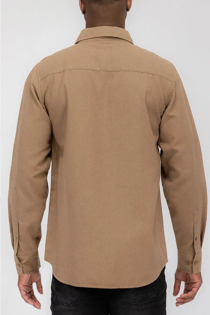 Brown Blank Brushed Long Sleeve Flannel Shirt Mens