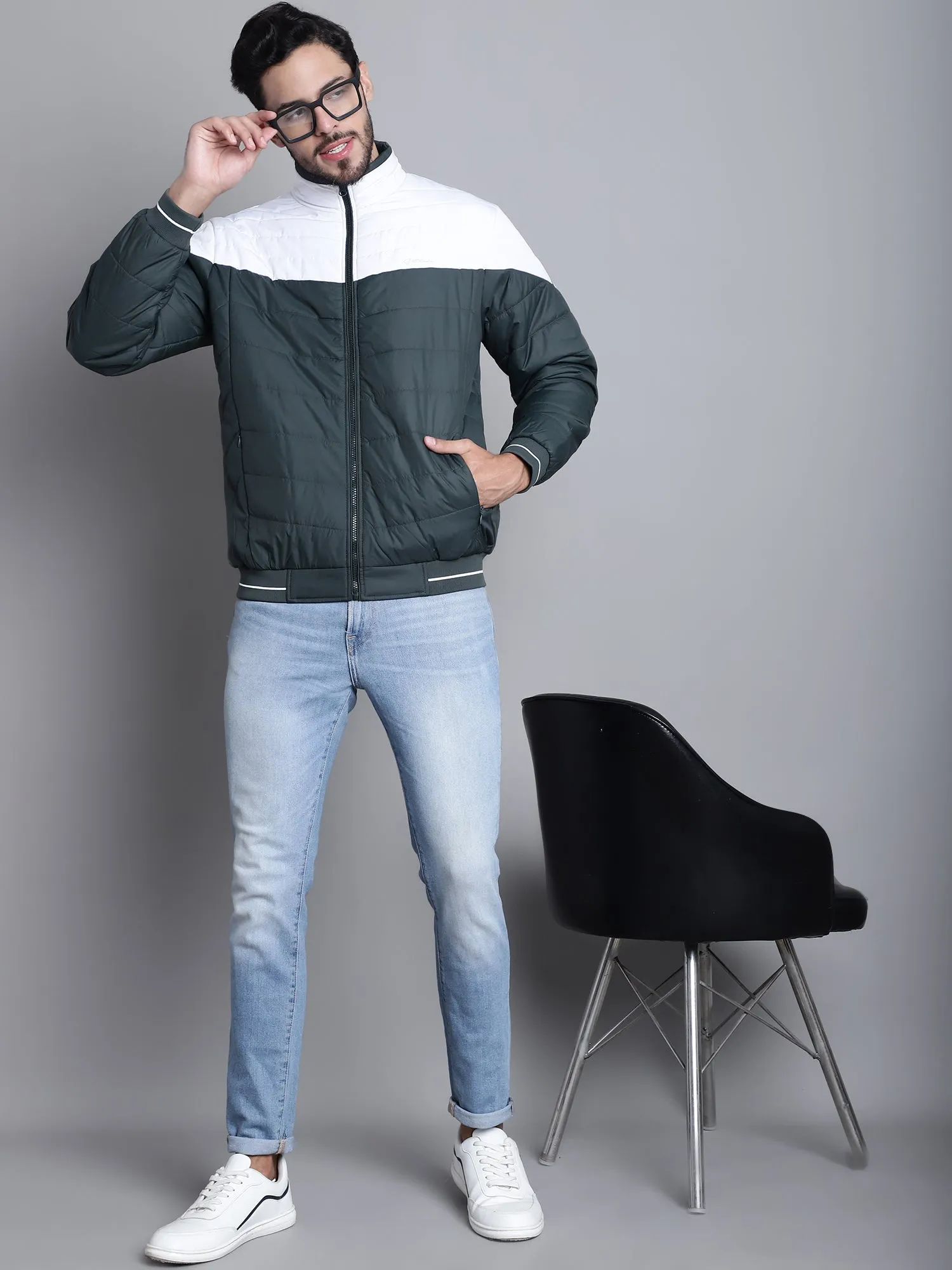 Cantabil Color Blocked Olive Full Sleeves Mock Collar Regular Fit Casual Jacket for Men