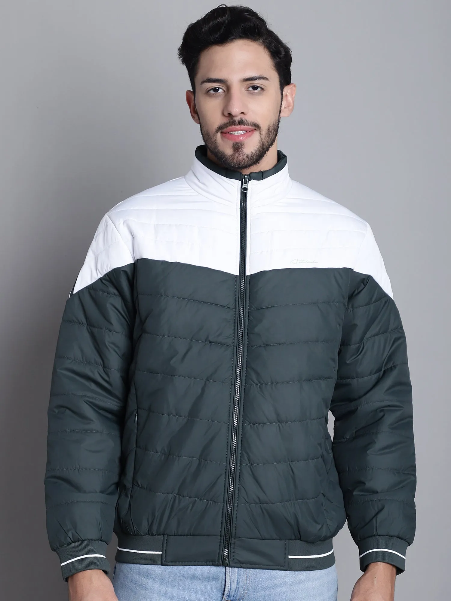 Cantabil Color Blocked Olive Full Sleeves Mock Collar Regular Fit Casual Jacket for Men