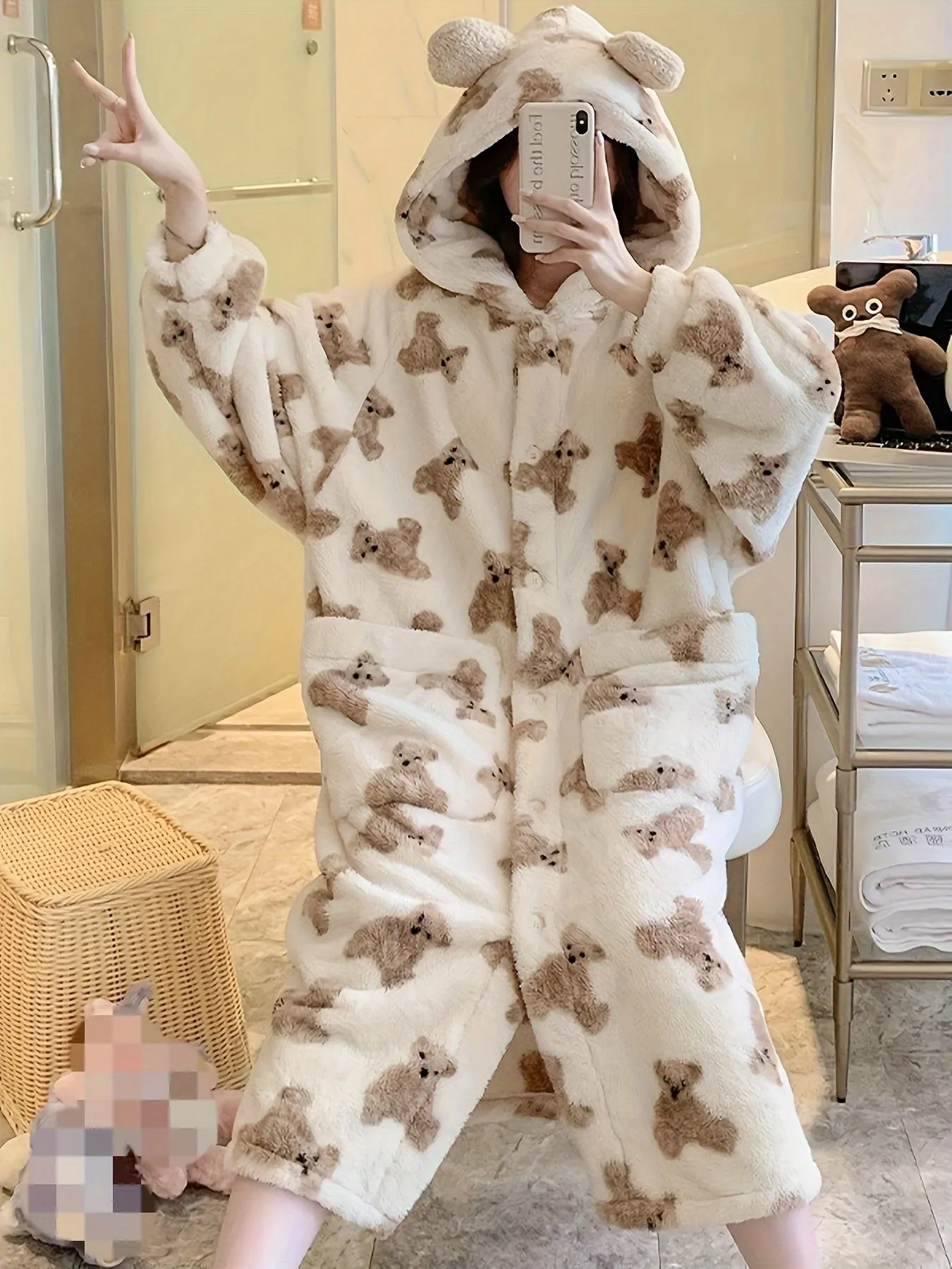 Cartoon Bear Print Fuzzy Night Robe, Long Sleeve Buttons Hooded Robe With Pockets, Women's Sleepwear