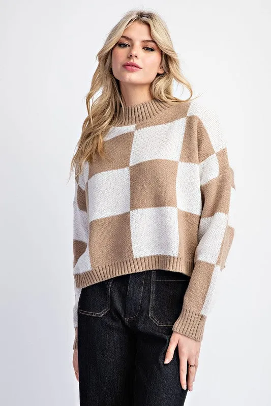 Checker Print Cropped Sweater Top
