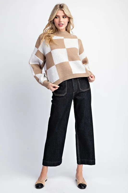 Checker Print Cropped Sweater Top