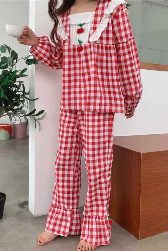 Cherry Lace Ruffles Plaid Long Sleeved Pajama