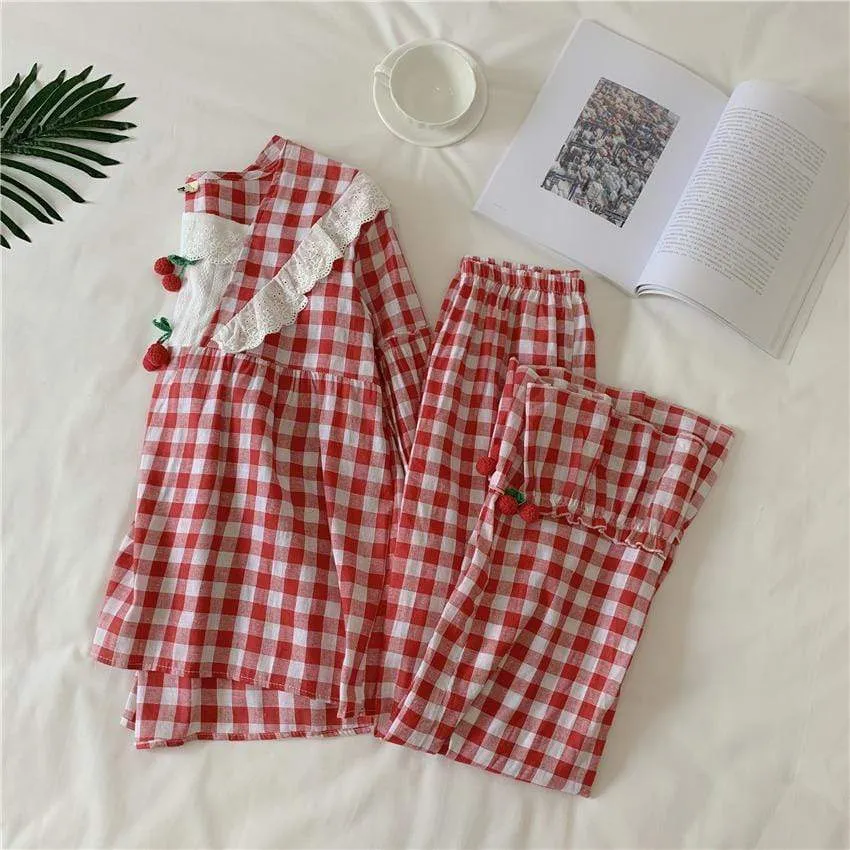 Cherry Lace Ruffles Plaid Long Sleeved Pajama