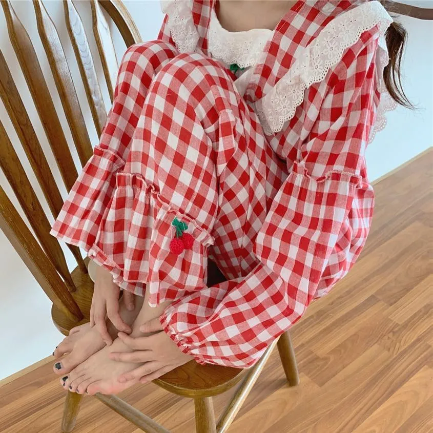 Cherry Lace Ruffles Plaid Long Sleeved Pajama