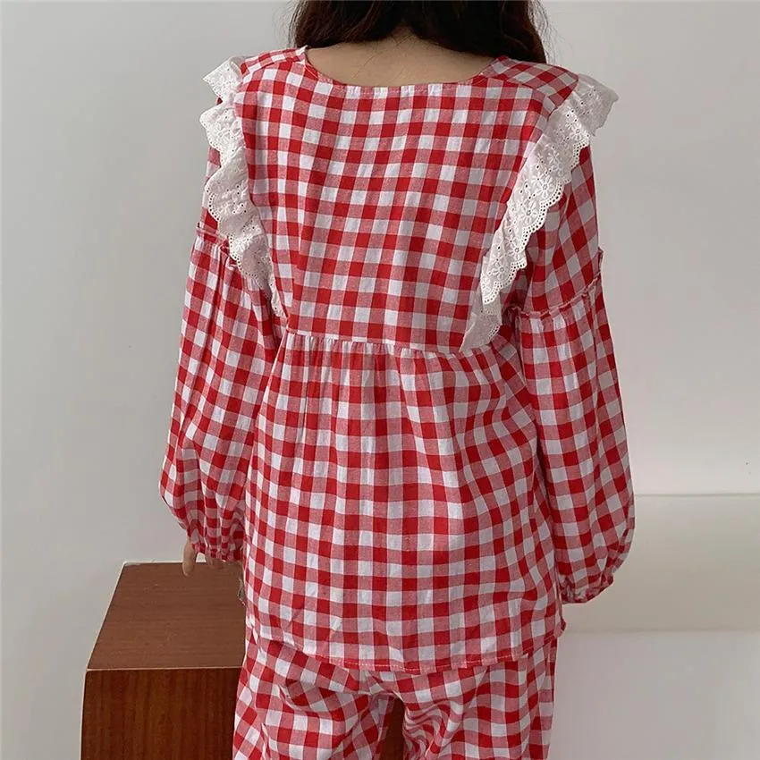 Cherry Lace Ruffles Plaid Long Sleeved Pajama