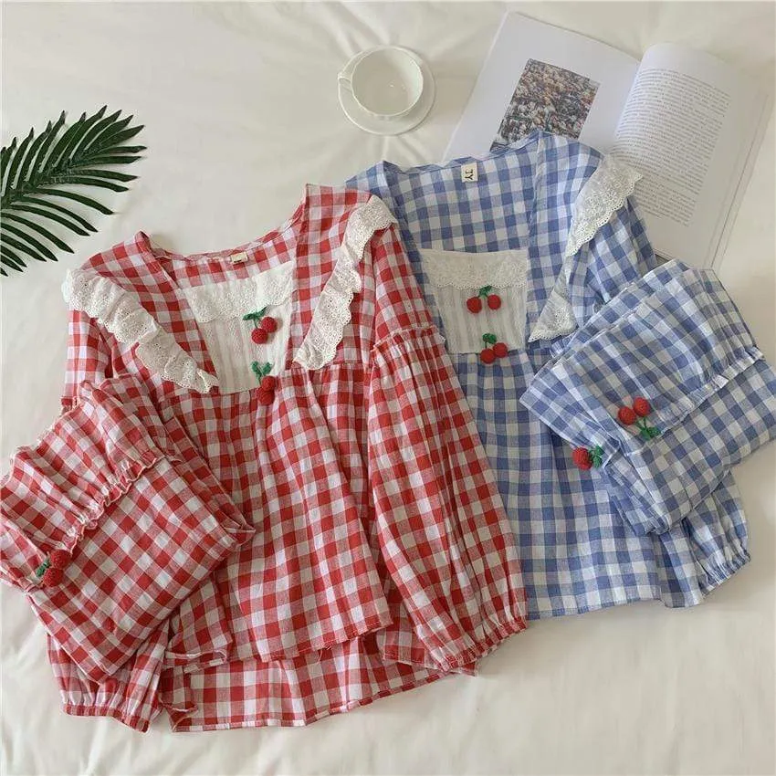 Cherry Lace Ruffles Plaid Long Sleeved Pajama