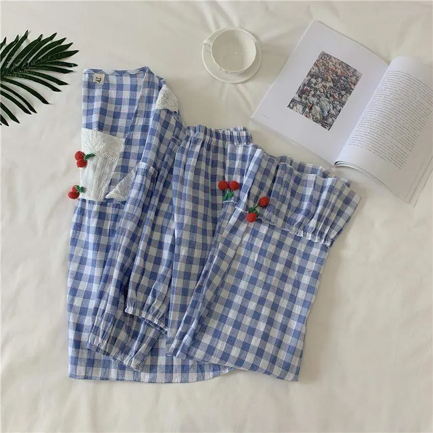 Cherry Lace Ruffles Plaid Long Sleeved Pajama