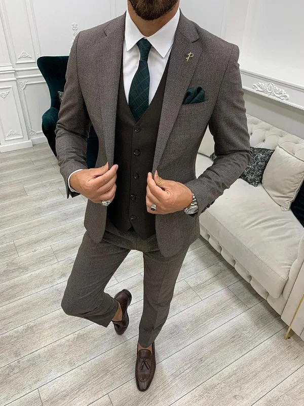 Coffee Notch Lapel Plaid Groom Suit for Men by GentWith.com