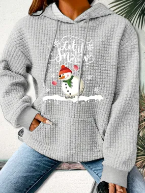 Cozy 95% Polyester 5% Spandex Women's Long Sleeve Casual Hooded Waffle Knit Sweatshirt with Adorable Snowman Christmas Applique for Fall/Winter