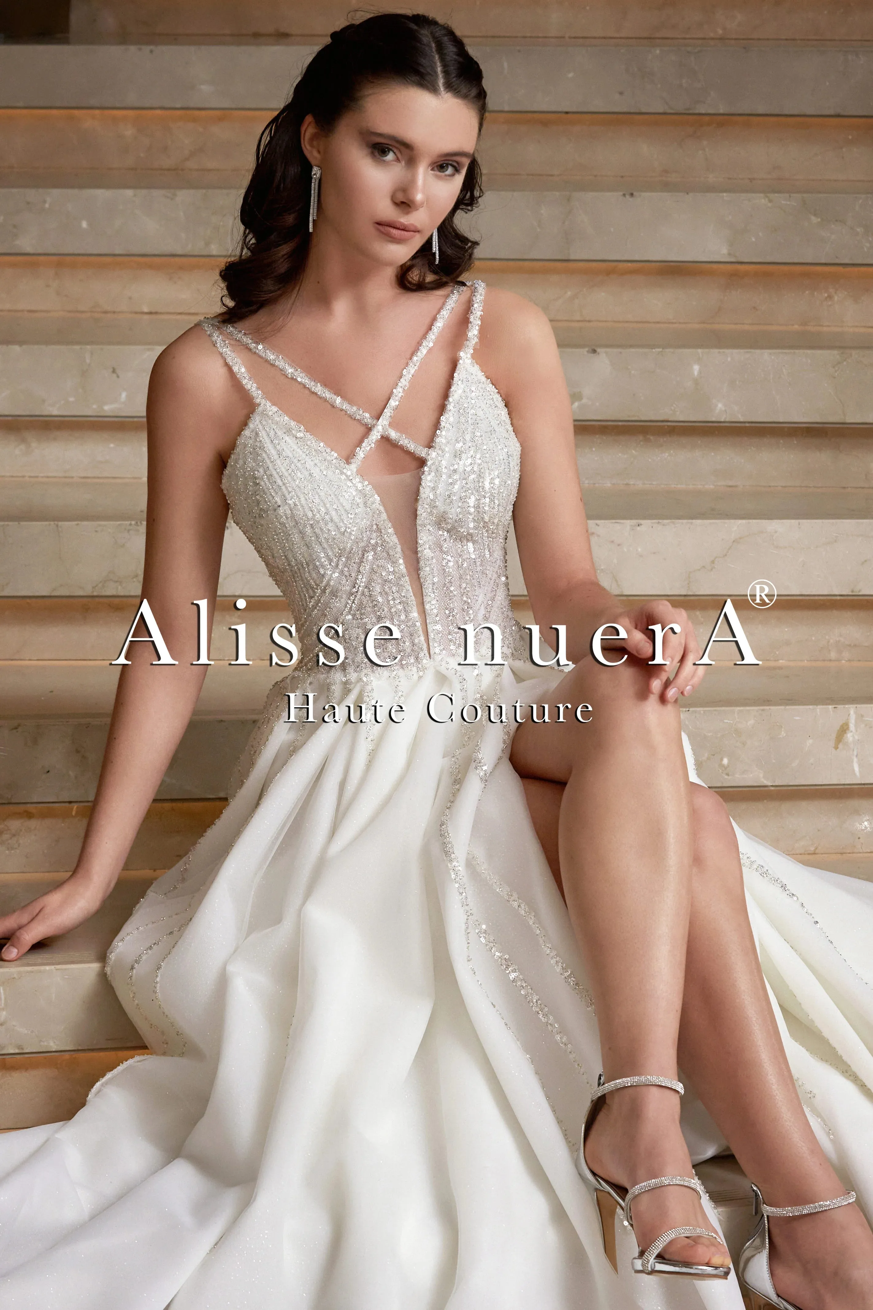 Criss Cross Strap Silver Sequin Embellished A Line Wedding Dress with One Side Split Skirt