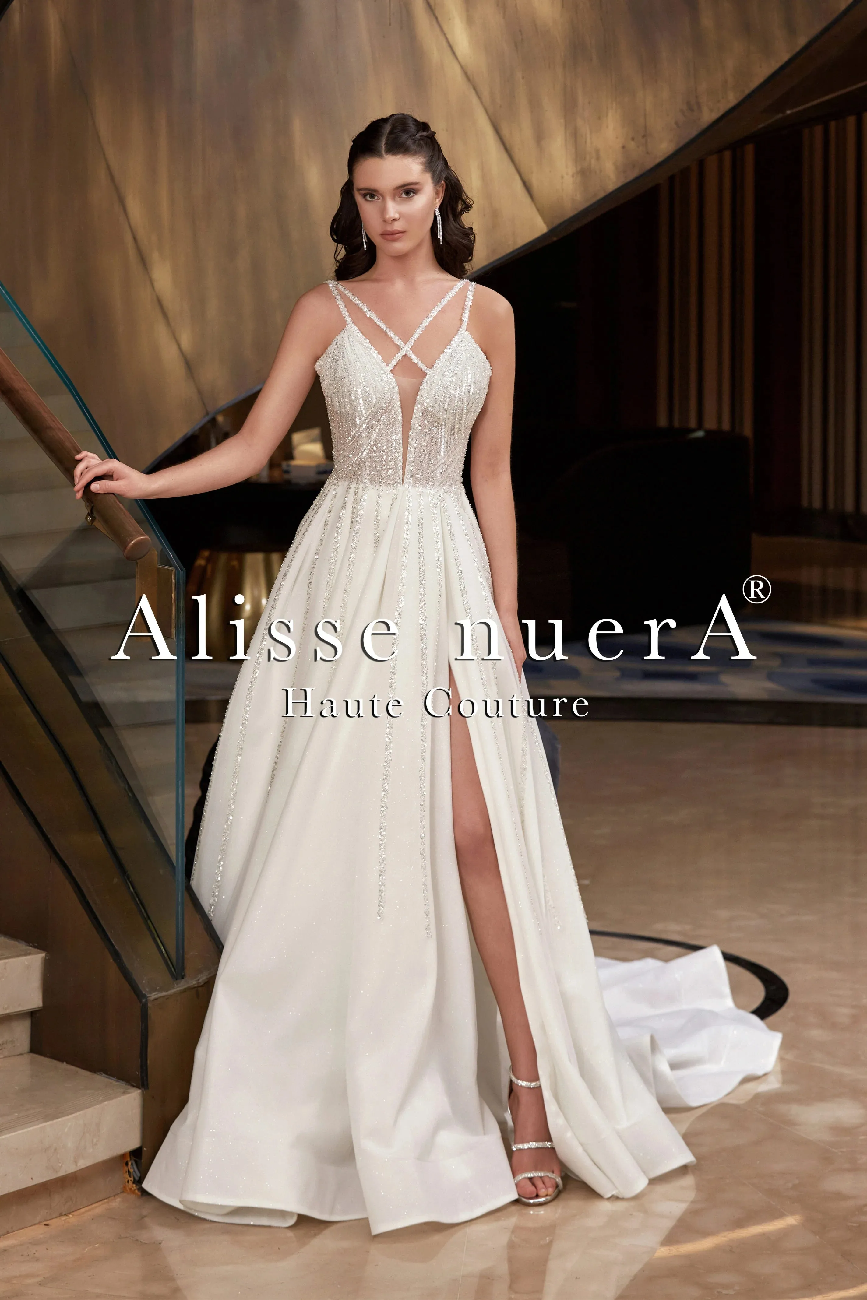 Criss Cross Strap Silver Sequin Embellished A Line Wedding Dress with One Side Split Skirt